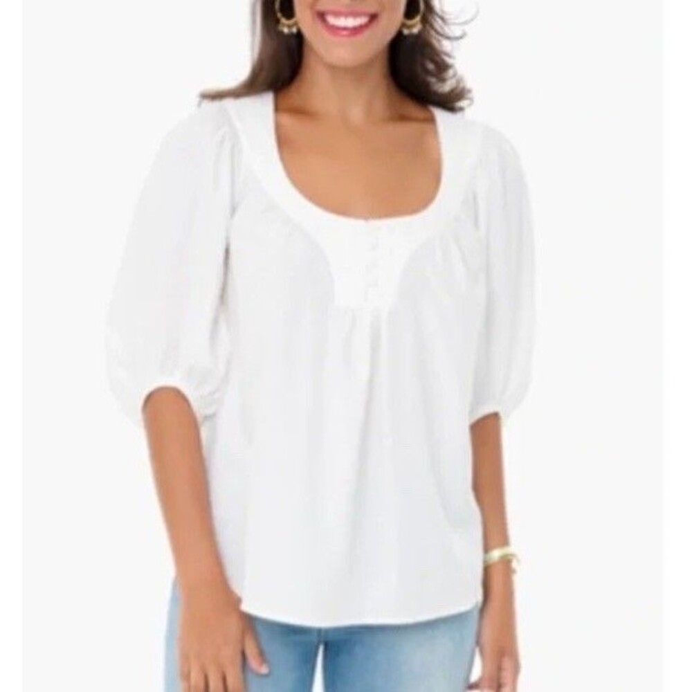 Tuckernuck White Swiss Dot Bardot Blouse Top sz S  Boho Peasant Cottagecore